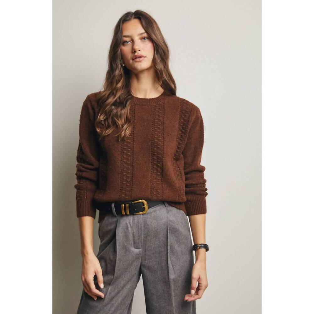 NEW FORTE textured cable stitch pullover sweater in chestnut